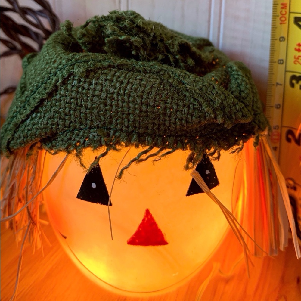 Lighted Glass Votive/Globe Scarecrow  Pumpkin Head 4” x 4” Wall Plug